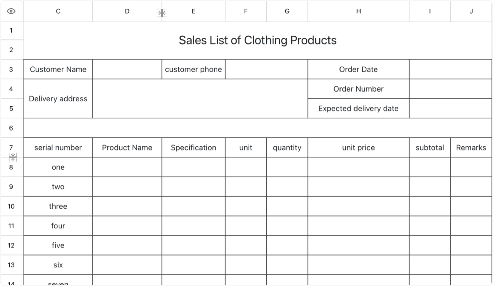 Sales List of Clothing Products